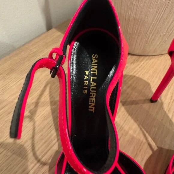 Saint Laurent Neon Pink Patent Pointed-Toe Ankle-Strap Pumps - Picture 2 of 15